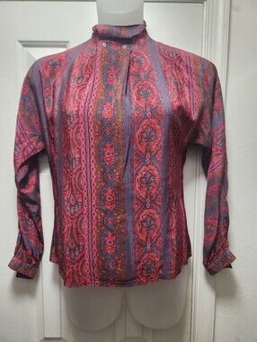 Vtg BETTY HANSON 100% Silk Women's Pink Paisley High-Neck Blouse